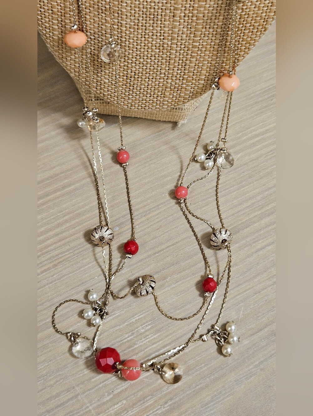 VINTAGE 3 LAYER GLASS GEMSTONE CORAL FAUX PEARLS GOLD-TONE LONG NECKLACE